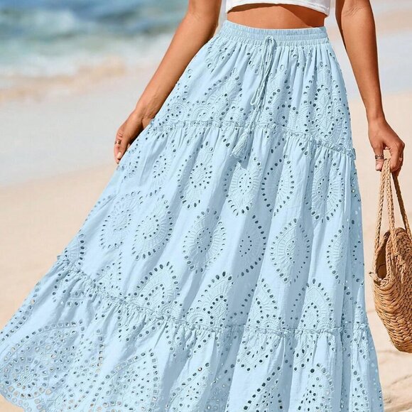Light Blue Boho Women's Elastic High Waist Tiered A-Line Flowy Maxi Skirt - Picture 4 of 5